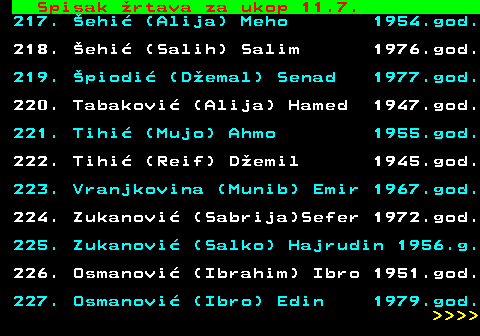 599.74 Spisak rtava za ukop 11.7. 217. ehi (Alija) Meho 1954.god. 218. ehi (Salih) Salim 1976.god. 219. piodi (Demal) Senad 1977.god. 220. Tabakovi (Alija) Hamed 1947.god. 221. Tihi (Mujo) Ahmo 1955.god. 222. Tihi (Reif) Demil 1945.god. 223. Vranjkovina (Munib) Emir 1967.god. 224. Zukanovi (Sabrija)Sefer 1972.god. 225. Zukanovi (Salko) Hajrudin 1956.g. 226. Osmanovi (Ibrahim) Ibro 1951.god. 227. Osmanovi (Ibro) Edin 1979.god.     