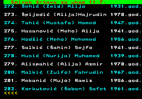 599.79 Spisak rtava za ukop 11.7. 272. ehi (Zeid) Alija 1931.god. 273. pijodi (Alija)Hajrudin 1978.god. 274. Tahi (Mustafa) Hamed 1947.god. 275. Hasanovi (Meho) Alija 1941.god. 276. Hodi (Meho) Mehemed 1956.god. 277. Salki (ahin) Sejfo 1941.god. 278. Husi (Nurija) Muhamed 1939.god. 279. Alispahi (Alija) Azmir 1978.god. 280. Malki (Zulfo) Fahrudin 1967.god. 281. Mekani (Mujo) Ramiz 1956.god. 282. Korkutovi (aban) Safet 1961.god.     