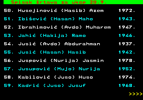 599.85 Spisak rtava za ukop 20.9. 50. Husejinovi (Hasib) Azem 1972. 51. Ibievi (Hasan) Maho 1943. 52. Ibrahimovi (Avdo) Muharem 1947. 53. Jahi (Hakija) Ramo 1946. 54. Jusi (Avdo) Abdurahman 1937. 55. Jusi (Hasan) Hasib 1942. 56. Juspovi (Nurija) Jasmin 1978. 57. Jusupovi (Mujo) Nurija 1952. 58. Kabilovi (Juso) Huso 1974. 59. Kadri (Juso) Jusuf 1968.     