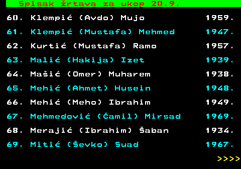 599.86 Spisak rtava za ukop 20.9. 60. Klempi (Avdo) Mujo 1959. 61. Klempi (Mustafa) Mehmed 1947. 62. Kurti (Mustafa) Ramo 1957. 63. Mali (Hakija) Izet 1939. 64. Mai (Omer) Muharem 1938. 65. Mehi (Ahmet) Husein 1948. 66. Mehi (Meho) Ibrahim 1949. 67. Mehmedovi (amil) Mirsad 1969. 68. Meraji (Ibrahim) aban 1934. 69. Miti (evko) Suad 1967.     