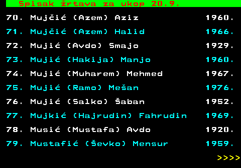 599.87 Spisak rtava za ukop 20.9. 70. Muji (Azem) Aziz 1960. 71. Muji (Azem) Halid 1966. 72. Muji (Avdo) Smajo 1929. 73. Muji (Hakija) Manjo 1960. 74. Muji (Muharem) Mehmed 1967. 75. Muji (Ramo) Mean 1976. 76. Muji (Salko) aban 1952. 77. Mujki (Hajrudin) Fahrudin 1969. 78. Musi (Mustafa) Avdo 1920. 79. Mustafi (evko) Mensur 1959.     