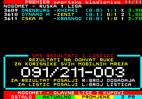 665.11 PREMIER sportska kladionica 11 11 NOGOMET - RUSKA 1.LIGA 3609 ORENBURG -KHIMKI (0:0) 1:1 X 3,90 3610 DYNAMO M -ZENIT (0:1) 0:1 2 1,50 3611 CSKA M -KRASNOD (0:0) 1:0 1 2,70 SMS REZULTATI I LISTICI REZULTATI NA DOHVAT RUKE ZA KORISNIKE SVIH MOBILNIH MREZA ZA REZULTAT POSALJI R:BROJ DOGADAJA ZA LISTIC POSALJI L:BROJ LISTICA NOGOMET - GLAVNE LIGE I KUPOVI