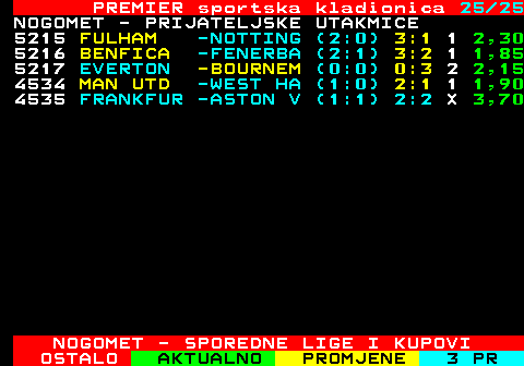 666.25 PREMIER sportska kladionica 25 25 NOGOMET - PRIJATELJSKE UTAKMICE 5215 FULHAM -NOTTING (2:0) 3:1 1 2,30 5216 BENFICA -FENERBA (2:1) 3:2 1 1,85 5217 EVERTON -BOURNEM (0:0) 0:3 2 2,15 4534 MAN UTD -WEST HA (1:0) 2:1 1 1,90 4535 FRANKFUR -ASTON V (1:1) 2:2 X 3,70 NOGOMET - SPOREDNE LIGE I KUPOVI