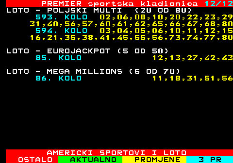 671.12 PREMIER sportska kladionica 12 12 LOTO - POLJSKI MULTI (20 OD 80) 593. KOLO 02,06,08,10,20,22,23,29 31,40,56,57,60,61,62,65,66,67,68,80 594. KOLO 03,04,05,06,10,11,12,15 16,21,35,38,41,45,55,56,73,74,77,80 LOTO - EUROJACKPOT (5 OD 50) 85. KOLO 12,13,27,42,43 LOTO - MEGA MILLIONS (5 OD 70) 86. KOLO 11,18,31,51,56 AMERICKI SPORTOVI I LOTO