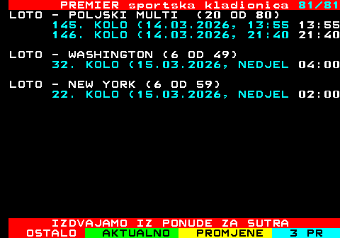 673.81 PREMIER sportska kladionica 81 81 LOTO - POLJSKI MULTI (20 OD 80) 145. KOLO (14.03.2026, 13:55 13:55 146. KOLO (14.03.2026, 21:40 21:40 LOTO - WASHINGTON (6 OD 49) 32. KOLO (15.03.2026, NEDJEL 04:00 LOTO - NEW YORK (6 OD 59) 22. KOLO (15.03.2026, NEDJEL 02:00 IZDVAJAMO IZ PONUDE ZA SUTRA