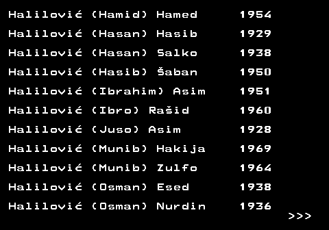 712.15 Halilovi� (Hamid) Hamed 1954 Halilovi� (Hasan) Hasib 1929 Halilovi� (Hasan) Salko 1938 Halilovi� (Hasib) �aban 1950 Halilovi� (Ibrahim) Asim 1951 Halilovi� (Ibro) Ra�id 1960 Halilovi� (Juso) Asim 1928 Halilovi� (Munib) Hakija 1969 Halilovi� (Munib) Zulfo 1964 Halilovi� (Osman) Esed 1938 Halilovi� (Osman) Nurdin 1936    