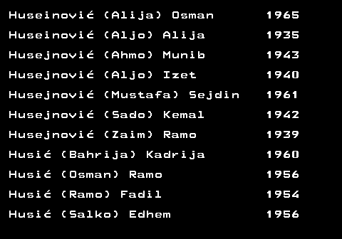 712.21 Huseinovi� (Alija) Osman 1965 Huseinovi� (Aljo) Alija 1935 Husejnovi� (Ahmo) Munib 1943 Husejnovi� (Aljo) Izet 1940 Husejnovi� (Mustafa) Sejdin 1961 Husejnovi� (Sado) Kemal 1942 Husejnovi� (Zaim) Ramo 1939 Husi� (Bahrija) Kadrija 1960 Husi� (Osman) Ramo 1956 Husi� (Ramo) Fadil 1954 Husi� (Salko) Edhem 1956