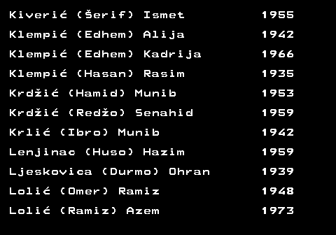 712.28 Kiveri� (�erif) Ismet 1955 Klempi� (Edhem) Alija 1942 Klempi� (Edhem) Kadrija 1966 Klempi� (Hasan) Rasim 1935 Krd�i� (Hamid) Munib 1953 Krd�i� (Red�o) Senahid 1959 Krli� (Ibro) Munib 1942 Lenjinac (Huso) Hazim 1959 Ljeskovica (Durmo) Ohran 1939 Loli� (Omer) Ramiz 1948 Loli� (Ramiz) Azem 1973
