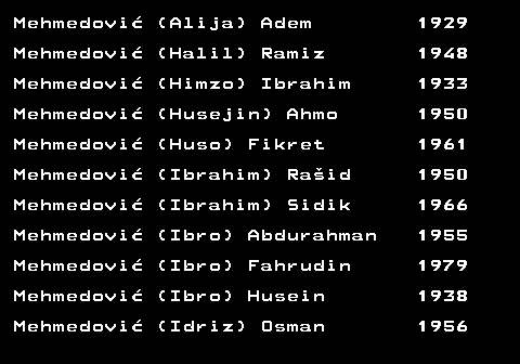 712.31 Mehmedovi� (Alija) Adem 1929 Mehmedovi� (Halil) Ramiz 1948 Mehmedovi� (Himzo) Ibrahim 1933 Mehmedovi� (Husejin) Ahmo 1950 Mehmedovi� (Huso) Fikret 1961 Mehmedovi� (Ibrahim) Ra�id 1950 Mehmedovi� (Ibrahim) Sidik 1966 Mehmedovi� (Ibro) Abdurahman 1955 Mehmedovi� (Ibro) Fahrudin 1979 Mehmedovi� (Ibro) Husein 1938 Mehmedovi� (Idriz) Osman 1956
