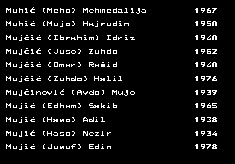 712.34 Muhi� (Meho) Mehmedalija 1967 Muhi� (Mujo) Hajrudin 1950 Muj�i� (Ibrahim) Idriz 1940 Muj�i� (Juso) Zuhdo 1952 Muj�i� (Omer) Re�id 1940 Muj�i� (Zuhdo) Halil 1976 Muj�inovi� (Avdo) Mujo 1939 Muji� (Edhem) Sakib 1965 Muji� (Haso) Adil 1938 Muji� (Haso) Nezir 1934 Muji� (Jusuf) Edin 1978
