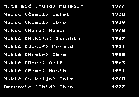 712.37 Mutsfai� (Mujo) Mujedin 1977 Nali� (�amil) Safet 1938 Nali� (Kemal) Ibro 1939 Nuki� (Aziz) Azmir 1978 Nuki� (Hakija) Ibrahim 1947 Nuki� (Jusuf) Mehmed 1931 Nuki� (Nezir) Ibro 1955 Nuki� (Omer) Arif 1963 Nuki� (Ramo) Hasib 1951 Nuki� (�ukrija) Eniz 1968 Omerovi� (Abid) Ibro 1927