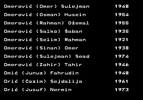 712.39 Omerovi� (Omer) Sulejman 1948 Omerovi� (Osman) Husein 1954 Omerovi� (Rahman) D�emal 1955 Omerovi� (Salko) �aban 1935 Omerovi� (Selim) Rahman 1921 Omerovi� (Sinan) Omer 1938 Omerovi� (Sulejman) Sead 1974 Omerovi� (Zahir) Tahir 1946 Omi� (Junuz) Fahrudin 1948 Ori� (�azim) Sejdalija 1961 Ori� (Jusuf) Nermin 1973