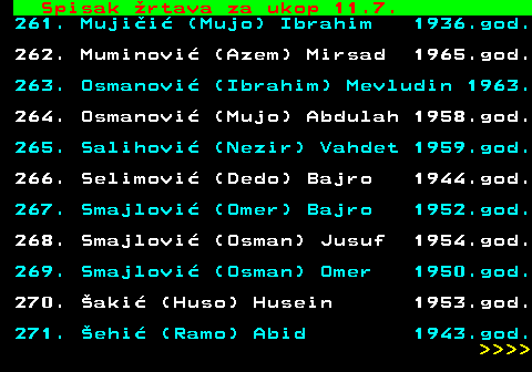 712.78 Spisak �rtava za ukop 11.7. 261. Muji�i� (Mujo) Ibrahim 1936.god. 262. Muminovi� (Azem) Mirsad 1965.god. 263. Osmanovi� (Ibrahim) Mevludin 1963. 264. Osmanovi� (Mujo) Abdulah 1958.god. 265. Salihovi� (Nezir) Vahdet 1959.god. 266. Selimovi� (Dedo) Bajro 1944.god. 267. Smajlovi� (Omer) Bajro 1952.god. 268. Smajlovi� (Osman) Jusuf 1954.god. 269. Smajlovi� (Osman) Omer 1950.god. 270. �aki� (Huso) Husein 1953.god. 271. �ehi� (Ramo) Abid 1943.god.     