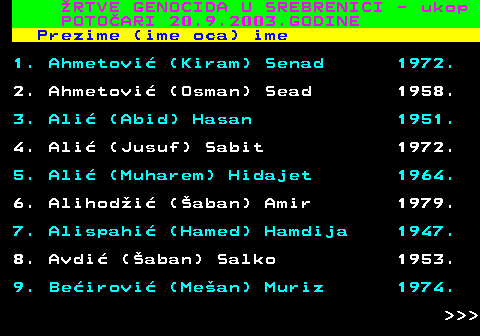 712.80 �RTVE GENOCIDA U SREBRENICI - ukop POTO�ARI 20.9.2003.GODINE Prezime (ime oca) ime 1. Ahmetovi� (Kiram) Senad 1972. 2. Ahmetovi� (Osman) Sead 1958. 3. Ali� (Abid) Hasan 1951. 4. Ali� (Jusuf) Sabit 1972. 5. Ali� (Muharem) Hidajet 1964. 6. Alihod�i� (�aban) Amir 1979. 7. Alispahi� (Hamed) Hamdija 1947. 8. Avdi� (�aban) Salko 1953. 9. Be�irovi� (Me�an) Muriz 1974.    