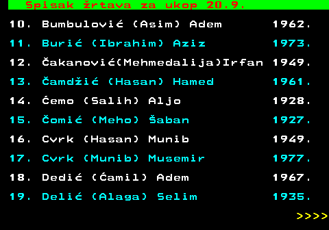 712.81 Spisak �rtava za ukop 20.9. 10. Bumbulovi� (Asim) Adem 1962. 11. Buri� (Ibrahim) Aziz 1973. 12. �akanovi�(Mehmedalija)Irfan 1949. 13. �amd�i� (Hasan) Hamed 1961. 14. �emo (Salih) Aljo 1928. 15. �omi� (Meho) �aban 1927. 16. Cvrk (Hasan) Munib 1949. 17. Cvrk (Munib) Musemir 1977. 18. Dedi� (�amil) Adem 1967. 19. Deli� (Alaga) Selim 1935.     