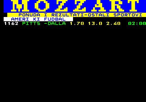 778.5 PONUDA I REZULTATI-OSTALI SPORTOVI AMERI KI FUDBAL 1162 PITTS -DALLA 1.70 13.0 2.40 02:00
