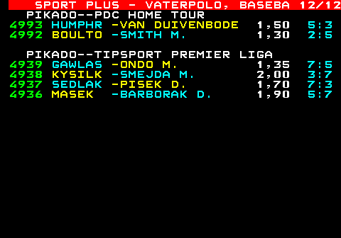 789.12 SPORT PLUS - VATERPOLO, BASEBA 12 12 PIKADO--PDC HOME TOUR 4993 HUMPHR -VAN DUIVENBODE 1,50 5:3 4992 BOULTO -SMITH M. 1,30 2:5 PIKADO--TIPSPORT PREMIER LIGA 4939 GAWLAS -ONDO M. 1,35 7:5 4938 KYSILK -SMEJDA M. 2,00 3:7 4937 SEDLAK -PISEK D. 1,70 7:3 4936 MASEK -BARBORAK D. 1,90 5:7