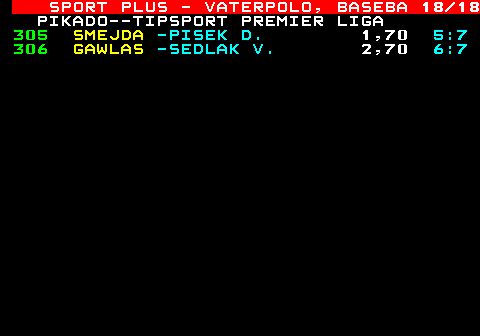 789.18 SPORT PLUS - VATERPOLO, BASEBA 18 18 PIKADO--TIPSPORT PREMIER LIGA 305 SMEJDA -PISEK D. 1,70 5:7 306 GAWLAS -SEDLAK V. 2,70 6:7