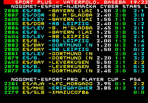 789.19 SPORT PLUS - VATERPOLO, BASEBA 19 22 NOGOMET-ESPORT-NJEMAKA CYBER STARS L 2888 ES RB -BAYERN (LAI 1,50 2:0 2:1 2887 ES DOR -B. M GLADBA 2,40 2:0 3:0 2605 ES LEV -BAYERN (LAI 1,55 1:1 2:1 2885 ES DOR -RB LEIPZIG 2,40 0:0 1:2 2886 ES LEV -B. M GLADBA 2,45 0:1 2:1 2884 ES B. -BAYERN (LAI 1,25 2:0 5:1 2604 ES LEV -RB LEIPZIG 1,90 2:0 2:1 2883 ES B. -RB LEIPZIG 2,00 1:3 1:4 2882 ES BAY -DORTMUND (N 1,20 0:2 1:4 2880 ES BAY -RB LEIPZIG 1,50 0:1 0:3 2881 ES LEV -DORTMUND (N 2:0 4:2 2879 ES B. -DORTMUND (N 2,20 1:1 3:2 2603 ES BAY -LEVERKUSEN 5,50 2:1 2:2 2878 ES B. -LEVERKUSEN 2,55 3:1 5:3 2877 ES RB -DORTMUND (N 2,45 3:0 5:3 NOGOMET-ESPORT-PRO PLAYER CUP - PS4 2281 ES AJA -LFC_MORGADO 3,95 0:1 2:2 2280 ES MHE -ERIKGAYGHER 3,85 0:2 1:2 2279 ES SLB -XMAZUCO786 0:0